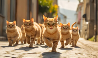 wallpaper of a group of orange cats on an urban background