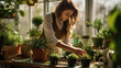 woman working on plants in greenhouse, romantic gardening