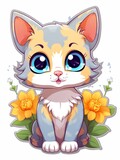 Fototapeta Pokój dzieciecy - Cartoon sticker cute kitten with flowers, AI
