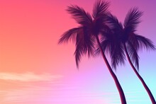 Gradient Sunset Backdrop With Palm Tree Silhouettes, Featuring A Vaporwave Vibe And 3D Rendering.