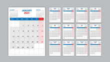 Calendar 2025 Template Set On Blue Background, Desk Calendar 2025 Design, Planner Design, Wall Calendar Template, Set Of 12 Months, Week Starts On Monday, Poster, Yearly Organizer, Stationery, Vector