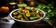 Indian masala fried Okra bhindi or ladyfinger curry.
