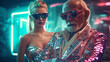 An elderly man wearing sunglasses and colorful clothes  with a beautiful blonde girl, surrounded by neon colorful lights.