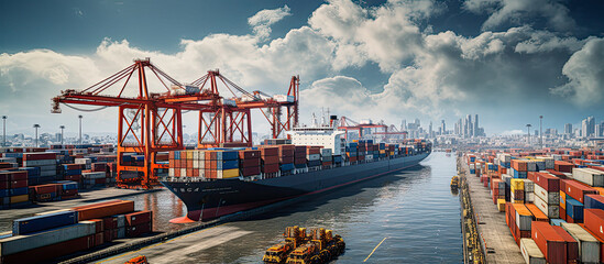 Wall Mural - background, logistic, shipping, transportation, cargo, trade, transport, export, import, commerce. the most global shipping operations ship boat cargo container and crane on ocean background.