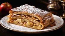 A slice of Apfelstrudel, a German pastry whose golden dough delicately envelops a fragrant filling of apples and cinnamon raisins, rests on a vintage porcelain plate.