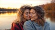 © Charlotte - Lesbian couple in love, girlfriends hugging in nature at sunset, autumn season. Romantic scene between two loving women, female gay tenderness.