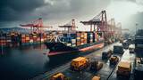 Fototapeta Most - background, logistic, shipping, transportation, cargo, trade, transport, export, import, commerce. the most global shipping operations ship boat cargo container and crane on ocean background.