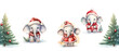 Groupe éléphants mignons type aquarelle chibi, habillés avec des tenues de Noël, avec bonnet rouge, écharpe et  pull, et 2 sapins de noël décorés, isolés sur fond blanc