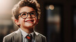 Petit garçon souriant avec des lunettes et habillé d'un costume avec une chemise et une cravate