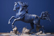 Blue marble horse in mid neigh bucking up as a uniquely colored statue on blue gradient background