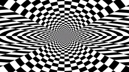 Wall Mural - Animated Black and White Pattern with Tunnel. Abstract Chessboard and Checkered Spiral in Perspective. Contrasty Optical Psychedelic Illusion. Loop Seamless Stock Footage. 3D Graphic