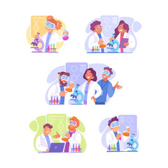 Wall Mural - Man and Woman at Laboratory with Flask and Microscope Conduct Experiment Vector Illustration Set