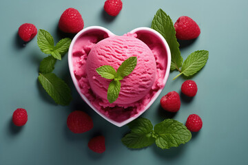 A scoop of raspberry sorbet in the shape of a heart set against a backdrop of mint leaves with a vibrant fuchsia and fresh green color scheme