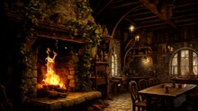 Animation Of A Flame In A Stone Fireplace. Old Wooden Restaurant In Medieval Style. 18 Seconds, Loop Video, 2k