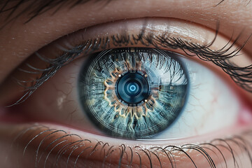 Aufkleber - Close up of human eye with infographic. Artificial intelligence concept	
