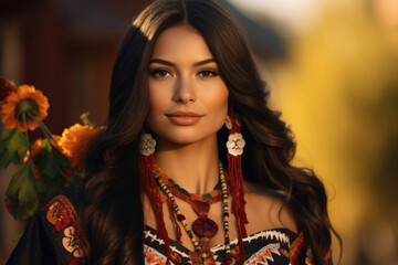 Wall Mural - Cute young beautiful Mexican woman in national costume