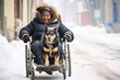 African American disabled elderly woman in wheelchair walks with his pet dog along a winter city