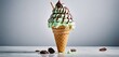  a large ice cream cone filled with green and white ice cream and topped with chocolate chunks and marshmallows.