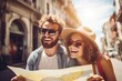 Joyful Couple Exploring City with Map on Vacation
