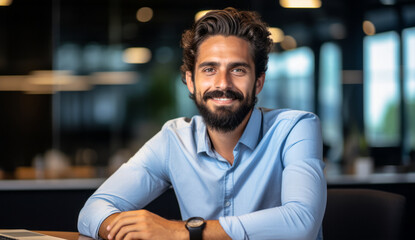 Poster - Confident and cheerful young professional man with a beard sitting at his desk with a laptop in a modern office space, looking at the camera with a friendly smile