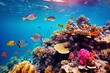 Tropical sea underwater fishes on coral reef. Aquarium oceanarium wildlife colorful marine panorama landscape