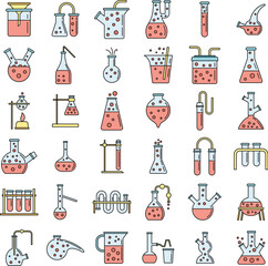 Poster - School chemical laboratory experiment icons set. Outline set of school chemical laboratory experiment vector icons thin line color flat on white