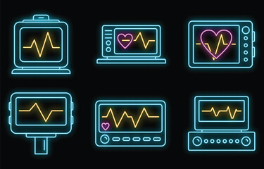 Poster - Medical electrocardiogram icons set. Outline set of medical electrocardiogram vector icons neon color on black