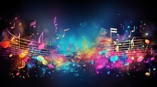 Vibrant Musical Harmony: Colorful Notes Background With Sheet Music, Disc, And Treble Clef - Illustration For Creative Projects