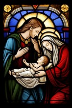 Saint Virgin Mary And Joseph With The Newborn Baby Jesus Christ Birth In A Manger In A Stable, Christmas Nativity Scene. Christian Religious Stained Glass Representation