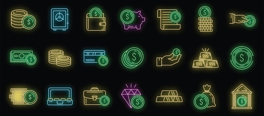 Poster - Bank metals icons set. Outline set of bank metals vector icons neon color on black