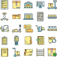 Sticker - Work inventory icons set. Outline set of work inventory vector icons thin line color flat on white