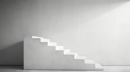 Poster -  a black and white photo of a set of stairs in an empty room with a bright light coming from the top of one of the stairs to the bottom of the stairs.