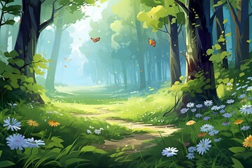 Wall Mural - Summer forest glade with flowering grass and butterflies on a sunny day;
