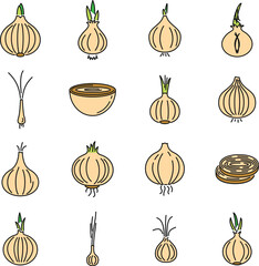 Poster - Food onion icons set. Outline set of food onion vector icons thin line color flat on white