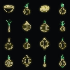 Poster - Food onion icons set. Outline set of food onion vector icons neon color on black