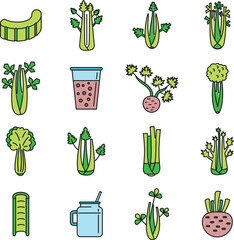 Poster - Celery salad icons set. Outline set of celery salad vector icons thin line color flat on white