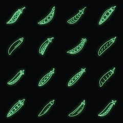 Poster - Peas bean icons set. Outline set of peas bean vector icons neon color on black