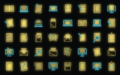 Poster - Editor content icons set. Outline set of editor content vector icons neon color on black