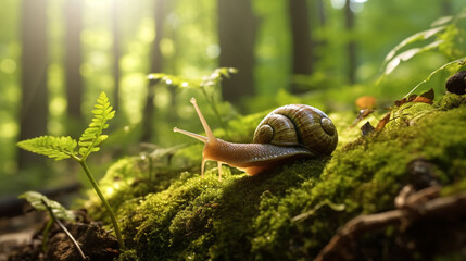 realistic close up photo of snail in a sun dappled forest created with Generative Ai