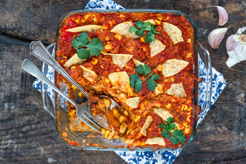 Poster - Vegetarian enchilada bake with smoky lentils and sweetcorn