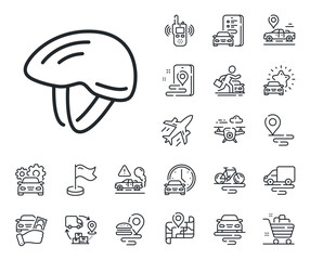 Poster - Bike transport equipment sign. Plane, supply chain and place location outline icons. Bicycle helmet line icon. Cyclist protection symbol. Bicycle helmet line sign. Vector