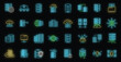 Data center icons set. Outline set of data center vector icons neon color on black