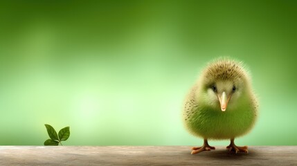 Poster -  a small green bird sitting on top of a wooden table next to a leafy green background with a small green plant in the middle of the picture and a small green bird in the foreground.