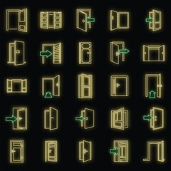 Poster - entrance exit icons set. outline set of entrance exit vector icons neon color on black