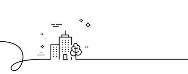 Poster - skyscraper buildings line icon. continuous one line with curl. city architecture with tree sign. tow