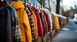 jackets and coats hanging on a line outdoors