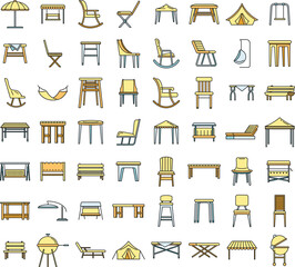 Sticker - Outdoor garden furniture icons set. Outline set of outdoor garden furniture vector icons thin line color flat on white