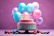 wielki tort urodzinowy z kolorowymi balonami i różowy tłem
