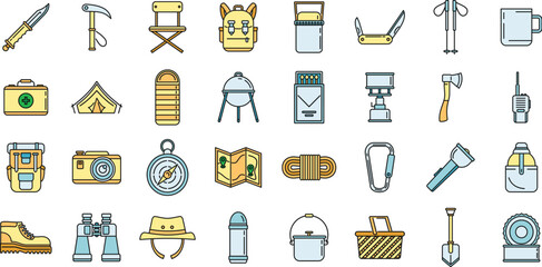 Poster - hiking mountain icons set. outline set of hiking mountain vector icons thin line color flat on white