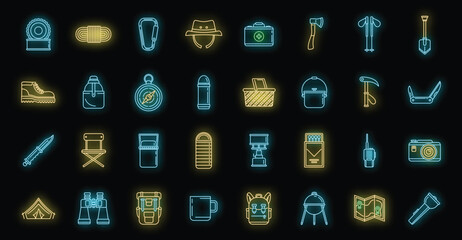 Poster - hiking mountain icons set. outline set of hiking mountain vector icons neon color on black
